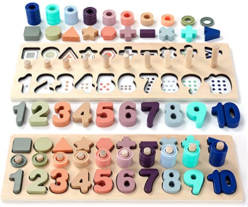 BEKILOLE Wooden Number Puzzle for Toddler Activities - Montessori Toys for Toddlers Shape Sorting Counting Game for Age 3 4 5 Year olds Kids - BEKILOLE