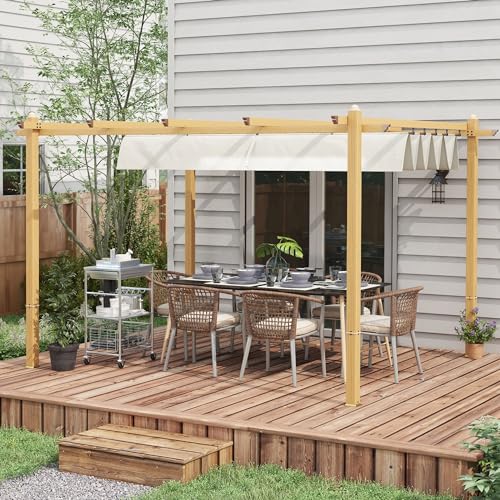Outsunny 10' x 12' Retractable Pergola Canopy, Wood Grain Aluminum Pergola, Outdoor Sun Shade Shelter for Grill, Garden, Patio, Backyard, Deck, Cream Outsunny