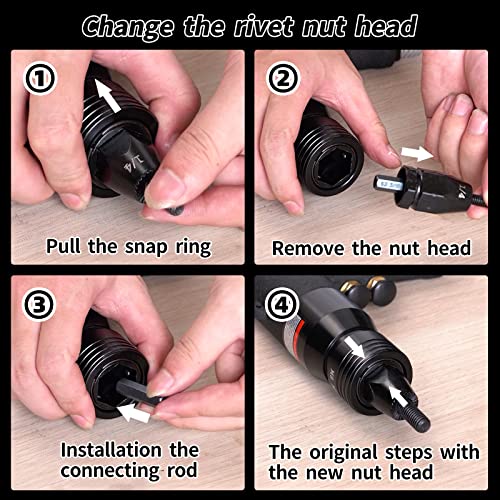EROSHAK Pneumatic Rivet Nut Gun (10-24 & 1/4 & 5/16 & 3/8) Air Rivet Nut Pull Setter Tool with 4 Size Quick-Change Nose-Piece Assembly, 5pcs Mandrels EROSHAK