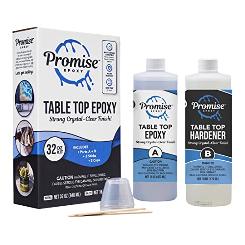 Promise Table Top Epoxy Resin Kit That Self Levels, 32oz High Gloss Craft Food Safe Epoxy Kit (16oz Resin+16oz Hardener) with Mixing Sticks and Cups