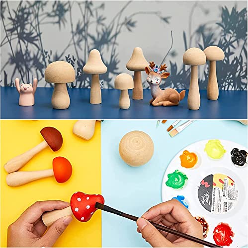 Woohome 26 PCS Wooden Mushroom Various Sizes Natural Unfinished Mushrooms Wooden Peg Figures, Natural Unpainted Wood Figures Decorative for Arts and Woohome