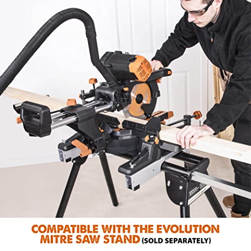 Evolution Power Tools R255SMS-DB+ 10-Inch Dual Bevel Sliding Miter Saw Multi-Material, Multipurpose Cutting Cuts Metal, Plastic, Wood 45˚-45˚ Double Evolution