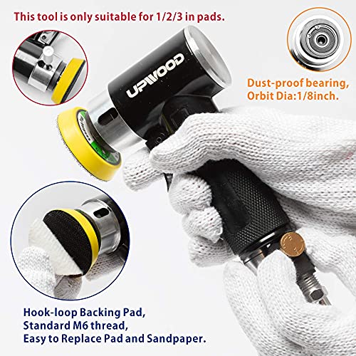 2'' 3'' Mini Orbital Air Sander by UPWOOD, Small Pneumatic Random Orbital Sander Kit with Hook And Loop Sanding Pads 30pcs Sandpapers and 21pcs UPWOOD