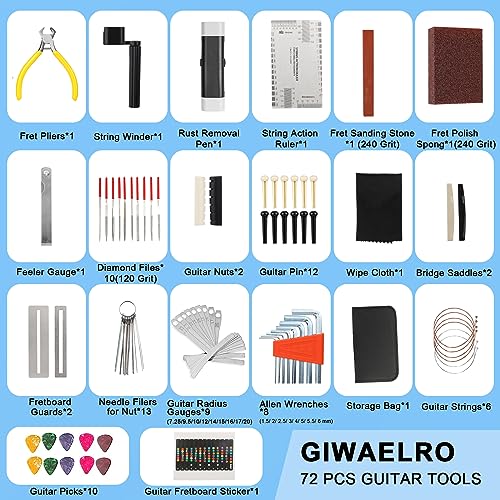 72 PCS Guitar Tool Kit for Set Up, Intonation Adjustment and Repair, Guitar Maintenance Kit for Guitar Bass Banjo and Ukulele, Guitar Gift for Guitar Giwaelro