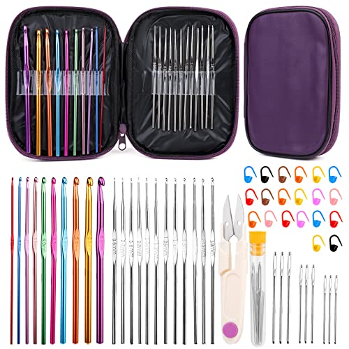 IMZAY 54 Pcs Crochet Needles Set, Crochet Hooks Kit with Purple Storage Case, Ergonomic Knitting Needles Blunt Needles Stitch Marker DIY Hand IMZAY