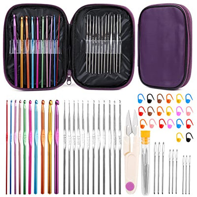 IMZAY 54 Pcs Crochet Needles Set, Crochet Hooks Kit with Purple Storage Case, Ergonomic Knitting Needles Blunt Needles Stitch Marker DIY Hand
