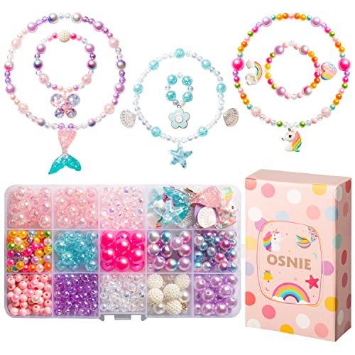 OSNIE Kids DIY Bead Jewelry Making Kit with 400+ Beads & Charms for Creative Bracelets Necklaces Rings, Children Mermaid Starfish Shell Princess OSNIE