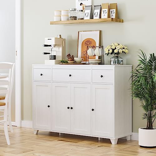 HIFIT Buffet Cabinet White Sideboard Storage Cabinet with 3 Drawers & 4 Doors Adjustable Shelves, 47” Modern Coffee Bar Cabinet, Wood Accent Cabinet HIFIT