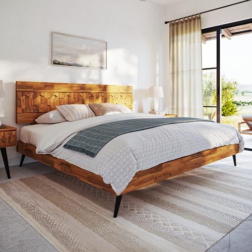Georgina Mid Century Modern King Bed Frame with Handcrafted Geometric Headboard in Solid Acacia Wood Bme