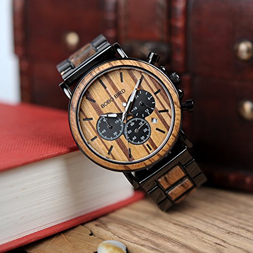 BOBO BIRD Mens Personalized Engraved Wooden Watches, Stylish Wood & Stainless Steel Combined Quartz Casual Wristwatches for Men Family Friends BOBO BIRD