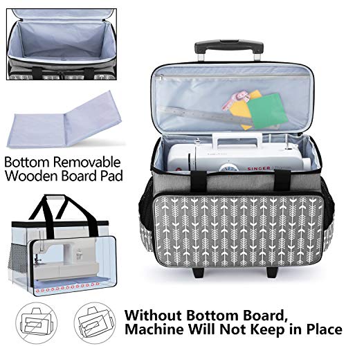 Yarwo Detachable Rolling Sewing Machine Carrying Case, Trolley Tote Bag with Removable Bottom Wooden Board for Most Standard Sewing Machine and Yarwo