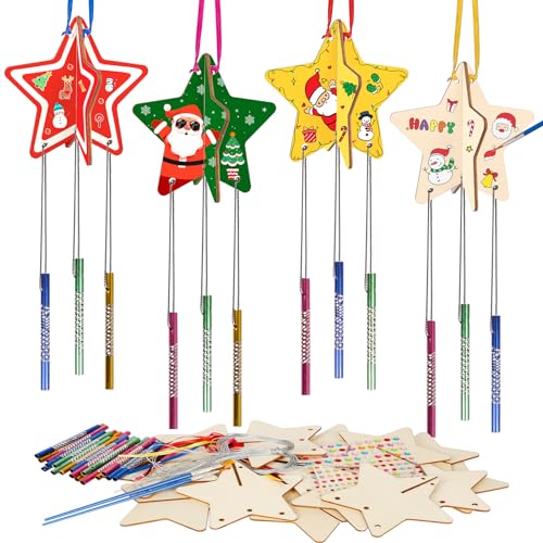 MEZOOM 8pcs Christmas Wooden Windchimes for Kid, Make Your Own 3D Star Wind Chimes Star Hanging Decoration Xmas DIY Art Craft for Christmas Winter MEZOOM