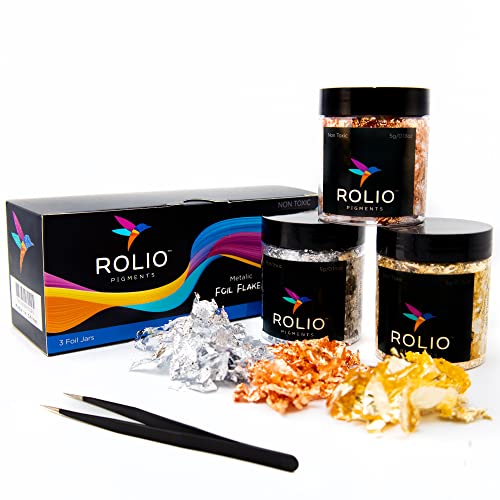 Rolio Metallic Foil Flakes, 3 Bottles (Gold, Copper, and Silver), Imitation Gold Foil Flakes for Epoxy, Nail Art, Painting, DIY Arts & Crafts, Slime, Rolio
