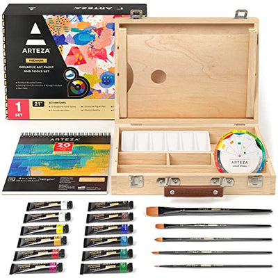 Arteza Gouache Paint Kit, 21 Pieces Art Set, 12 Gouache Art Paint Tubes, 5 Acrylic Brushes, Paper Pad, Plastic Palette, and Wooden Storage Case, Art