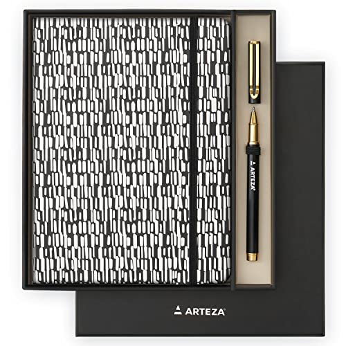 ARTEZA Journal Gift Set, 6 x 8 Inches, 96-Sheet Notebook with Double-Sided Lined Paper and 1 Black Ink Pen, Black and White Design, Office Supplies ARTEZA