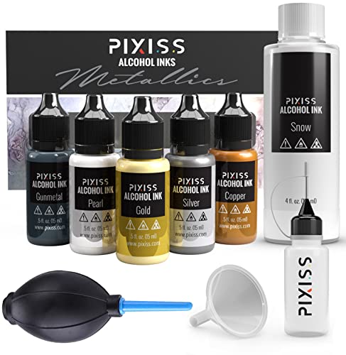 Metallic Alcohol Ink Set - 5 Metal Color Alcohol-Based Inks for Epoxy Resin Art - Concentrated Shimmer Alcohol Paint Color Dye for Resin - 4 Ounce Pixiss