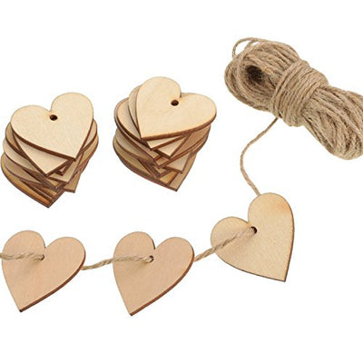 Outus 100 Pieces Wooden Hearts Blank Wooden Hearts Embellishments 40mm with 1 Roll 10m Natural Twine for Wedding Arts Crafts Card DIY Making