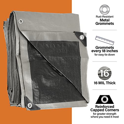 12x20 Ultra Heavy Duty Tarp, Extra Thick 16 Mil, UV Resistant, Grommets Every 18 Inches - Waterproof Plastic Poly Tarpaulin - (Reversible, Silver and KING-A-MA-JIGS
