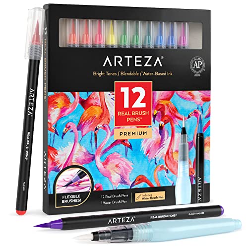 ARTEZA Real Brush Pens, Set of 12, Bright Tones, Blendable Watercolor Markers and 1 Water Brush, Art Supplies for School, Home, and Office ARTEZA