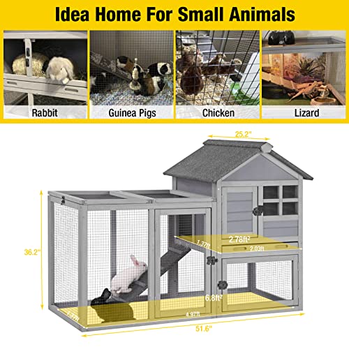 Aivituvin 51.6''L Rabbit Hutch Outdoor Chicken Coop Indoor Bunny Cage with Run,Guinea Pig House Pull Out Upper Tray (51.6" L x 25.2" W x 36.2" H, Aivituvin