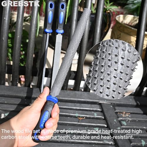 GREBSTK 8" Wood Rasp File Set with Rubber Grip Wood Course Cut Rasp 3 PCS Set, Round, Half-Round, Flat File Rasp GREBSTK