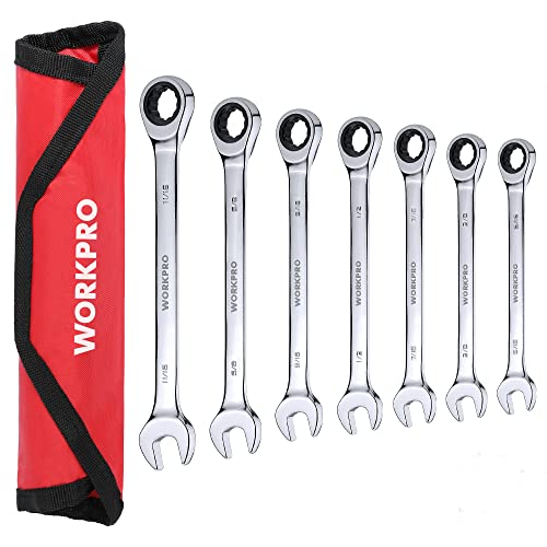 WORKPRO 7-Piece Ratcheting Combination Wrench Set, 72 Teeth, Combo Ratchet Wrenches Set with Roll Up Pouch, SAE 5/16"-11/16" WORKPRO