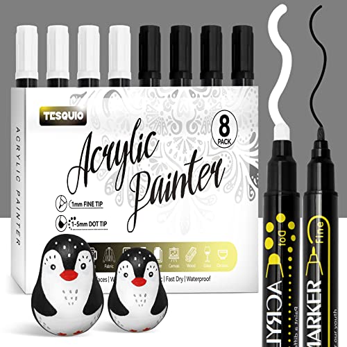 Tesquio Paint Marker, Dual Tip Acrylic Paint Pens, 8 Pack Black & White Paint Pens Ideal for Wood, Rock Painting, Canvas, Stone, Glass, Ceramic Tesquio