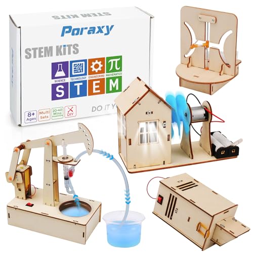 4 Set STEM Kits, STEM Projects for Kids Ages 8-12, Science Experiment Building Kit, Wooden 3D Puzzles, Educational Building Toys, Gifts for Poraxy