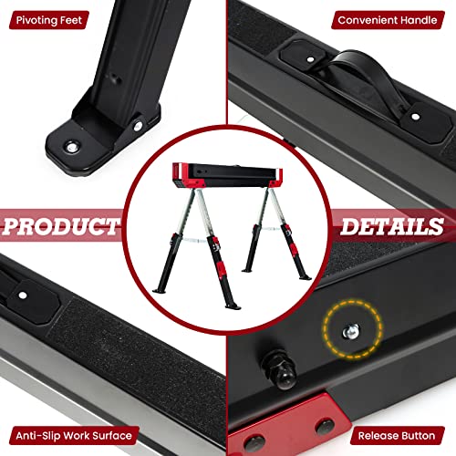 Goplus Saw Horses 2 Pack Folding, Heavy Duty Steel Sawhorse w/24”-32.5” Adjustable Height, 2x4 Supporting Arms, 2600LBS Capacity, Support Pegs, Goplus