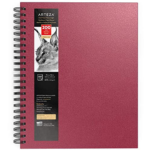 Arteza Hardcover Sketchbook, 9 x 12 Inches, 100 Sheets — 200 Pages, Pink Cover, Spiral-Bound 68-lb Drawing Pad, Art Supplies for Drawing with Dry ARTEZA