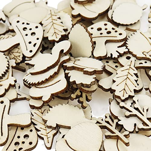 KUMGROT 100pcs Unfinished Wooden Ornament Mini Wood Pieces Mushroom Tree Squirrel Pine Cones Leaf Shaped for DIY Craft Handmade Supplies (Forest KUMGROT