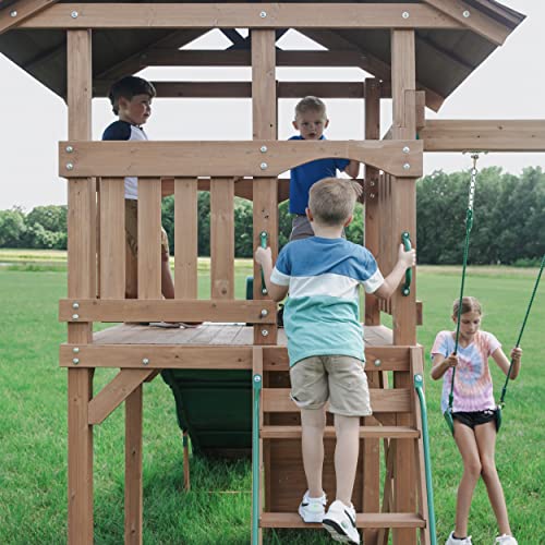 Backyard Discovery Lightning Ridge All Cedar Wooden Swing Set, Raised Clubhouse, 2 Belt Swings, 10 Inch Wave Slide, Ladder, Climbing Rock Wall Brown Backyard Discovery