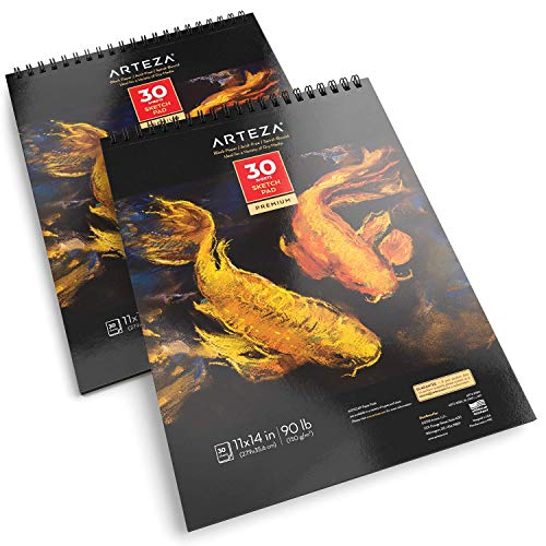 Arteza Spiral-Bound Black Sketch Pad, Heavyweight Paper, 11 X 14 Inches, 90lb/150gsm, 30 Sheets, Pack of 2, for Graphite & Colored Pencils, Charcoal, ARTEZA