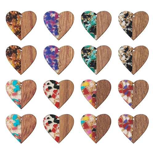 Craftdady 16Pcs Resin Wood Heart Charms with Gold Foil 8 Colors Walnut Wooden Pendants Earring Blank Charms for Women Boho Earrings Crafts DIY Craftdady