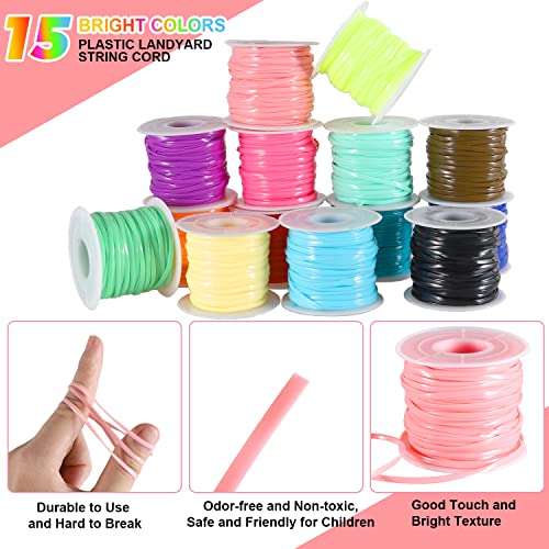 KAMJUNTAR Lanyard String,15 Rolls Gimp String Plastic Lacing Cord Plastic String Lanyard Kit for Friendship Bracelets Jewelry Making DIY Craft KAMJUNTAR