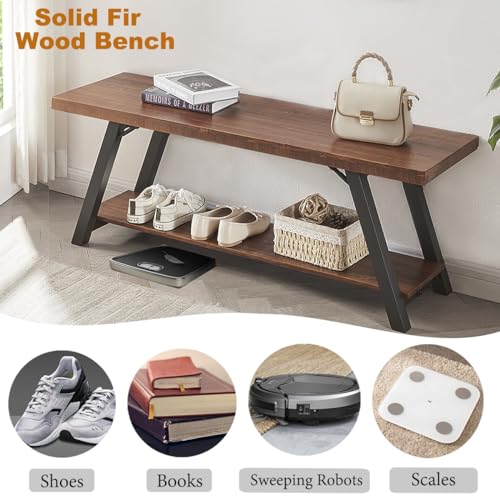 IBF Solid Wood Entryway Bench, Natural Real Wood Storage Bench, Farmhouse Wooden Shoe Bench in Entry Way Hallway Foyer Rack, Bedroom Bench Seat for IBF