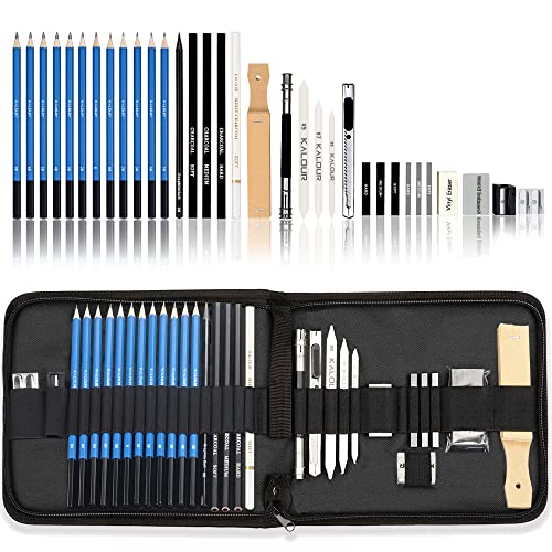 KALOUR 33 Pieces Pro Drawing Kit Sketching Pencils Set,Portable Zippered Travel Case-Charcoal Pencils, Sketch Pencils, Charcoal KALOUR