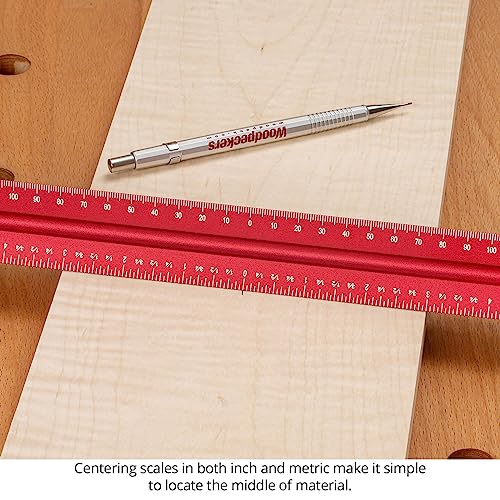 Woodpeckers Hexscale Rule, 12 Inch / 300MM, 6-in-1 Woodworking Ruler with Stop, Inch & MM Graduations, Zero Centering Scale, R2L & L2R Measuring Woodpeckers