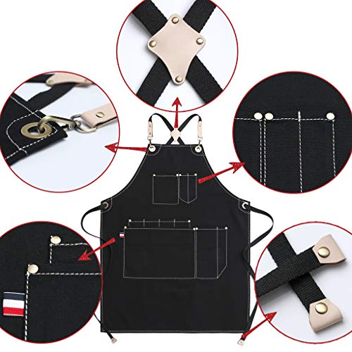 Jeanerlor Work Apron Waxed Canvas Stylist Apron with Pockets Water-Resistant Tool Aprons for Women Cross Back Straps Adjustable S-M(Black) Jeanerlor