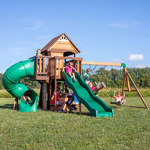 Backyard Discovery, Cedar Cove Wood Swing Set, Playground Fort, Chalkboard, Telescope, Dual Slide, Kitchenette, Wide Swing Lanes, 5ft Rock Wall, Step Backyard Discovery