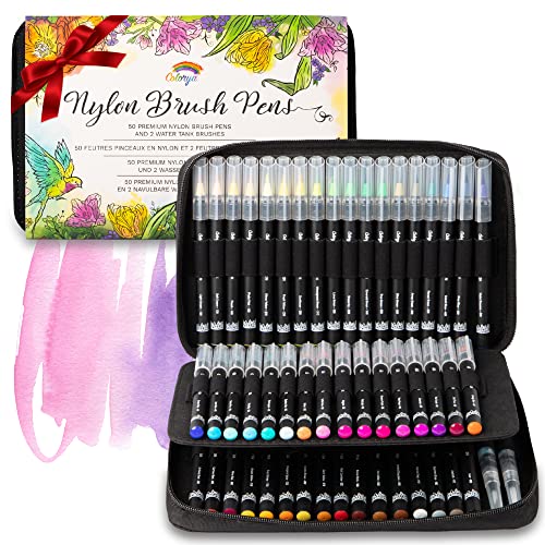 Colorya Watercolor Brush Pens - 50 Real Nylon Tip Art Pens & 2 Water Tank Brushes - Watercolor Pens for Adult Coloring Books, Watercolor Painting, Cal