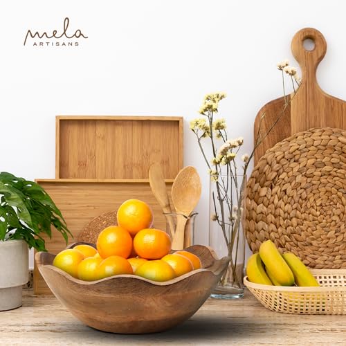 Mela Artisans Wooden Scalloped Bowl - Large | Ruffle Decorative Style | Rustic Kitchen Decor | Mango Wood | Natural Grain Finish | Fits Bread, Mela Artisans