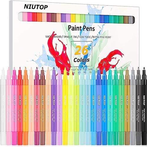 Niutop Acrylic Paint Pens Paint Markers, 26 Colors Paint Marker Pen Set for Stone Glass Ceramic Wood Rock Painting Kit, Halloween Pumpkin Decorating