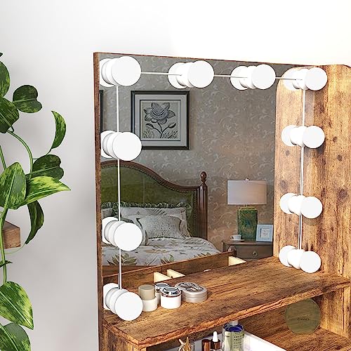 Vanity Table with Lighted Mirror, 3 Drawers Makeup Desk Dressing Table with Lots Storage Vanity Set with Wider Cushioned Stool for Bedroom (Brown) Panana