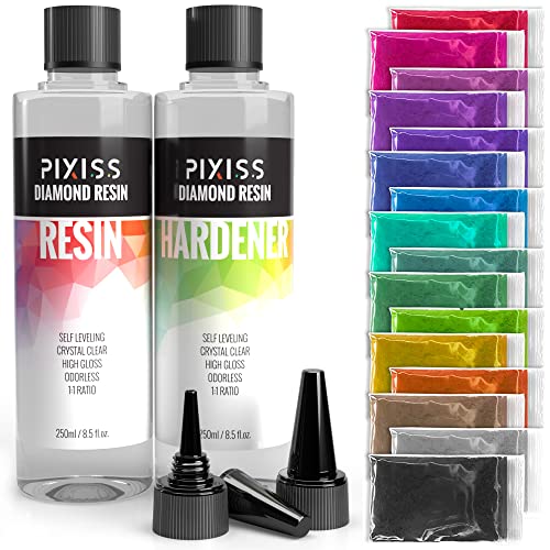 Pixiss Epoxy Resin Crystal Clear Casting Resin for Epoxy and Resin Art Brand Easy Mix 1:1 (17-Ounce) | 15 Mica Resin Tinting Powder Pigments for Pixiss