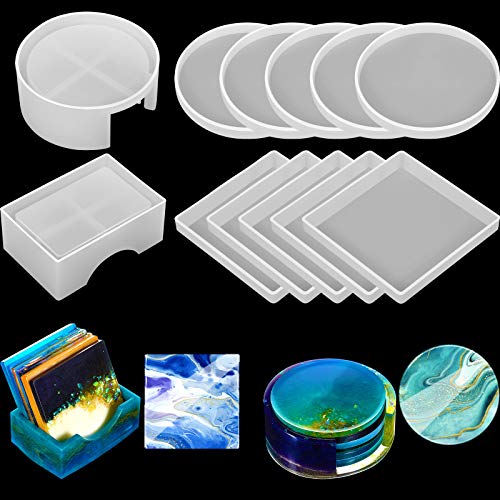 Fairzones Coaster Molds for Epoxy Resin 12 Piece Rectangle Round Silicone  Mol
