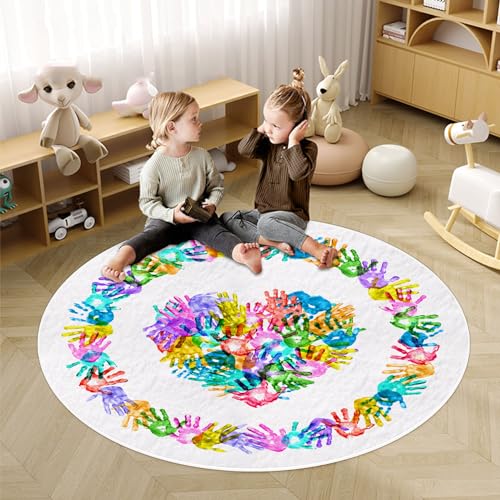 Round Colorful Handprints Kids Area Rug, Washable Nursery Rug for Kids Bedroom, Non-Slip Play Mat Ultra Soft Non-Slip Carpet Indoor Mat for Classroom Fubullish
