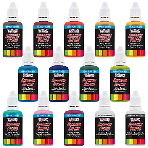 U.S. Art Supply 12 Color Secondary Opaque Colors Acrylic Airbrush, Leather & Shoe Paint Set with Reducer & Cleaner 1 oz. Bottles US Art Supply