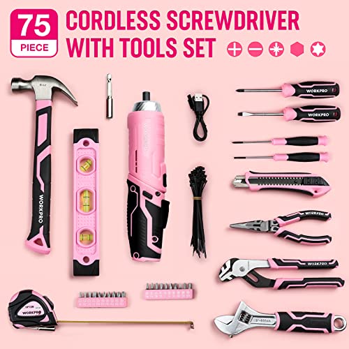 WORKPRO 75-Piece Pink Tools Set, 3.7V Rotatable Cordless Screwdriver and Household Tool Kit, Basic Tool Set with 13'' Portable Steel Tool Box for WORKPRO