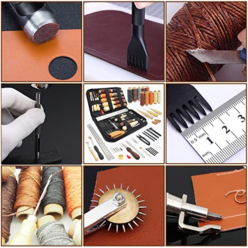 PLANTIONAL Leather Working Tools for Beginners: Professional Leather Craft Kit with Waxed Thread Groover Awl Stitching Punch for Leathercraft Adults PLANTIONAL